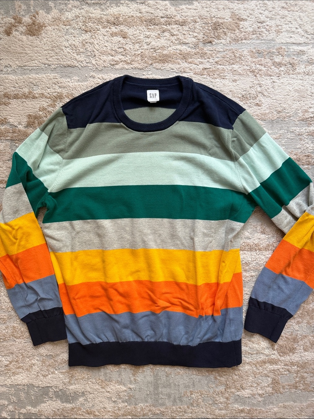 GAP Men's Multicolor Striped Crewneck Sweater - Navy, Green, Yellow, Orange